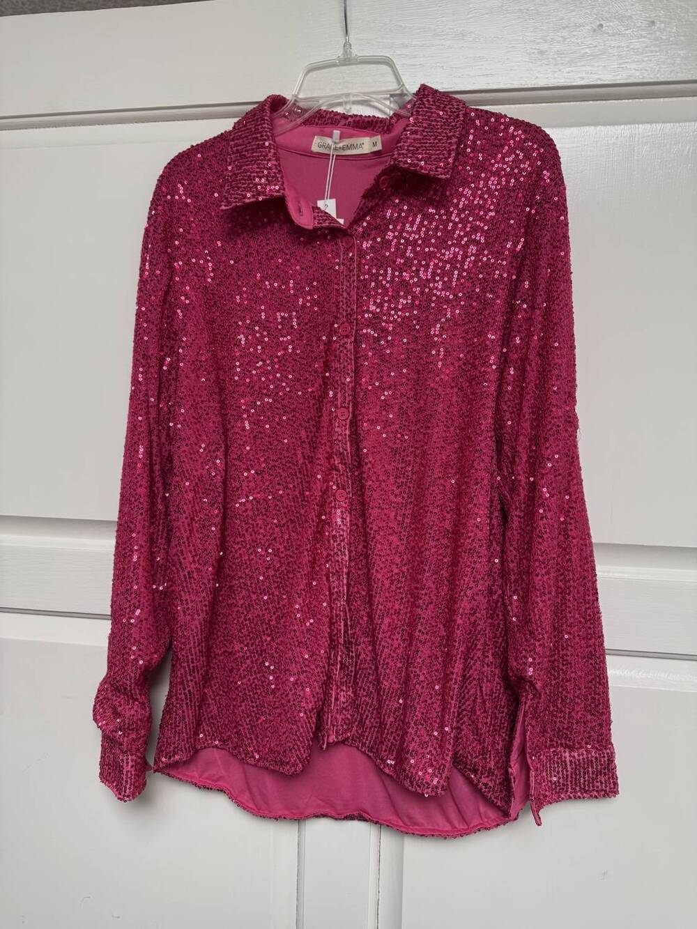 NEW GRACE + EMMA women's sequin long-sleeve top in pink